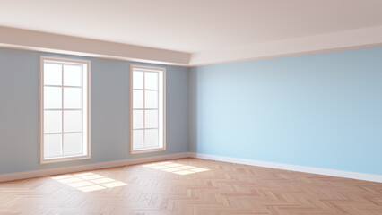 Room with Light Blue Walls, Two Windows, White Ceiling and Cornice, Glossy Herringbone Parquet Flooring and a White Plinth. Beautiful Interior Concept. 3D illustration, 8K Ultra HD, 7680x4320, 300 dpi
