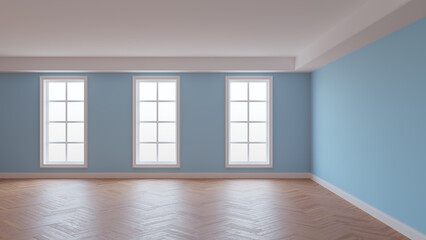 Interior with Light Blue Wall, White Ceiling and Conrnice, Three Large Windows, Herringbone Parquet Floor and a White Plinth. Beautiful Concept of the Interior, 3D illustration. 8K Ultra HD, 7680x4320