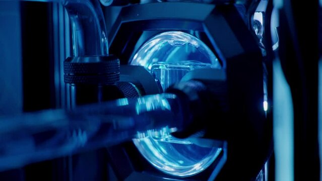 CPU Waterblock with Coolant Flow Liquid Cooled Gaming PC Blue, Closeup