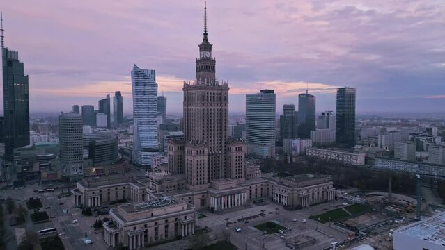 aerial shot drone warsaw of business city downtown,high view of  modern area at sunrise dawn
