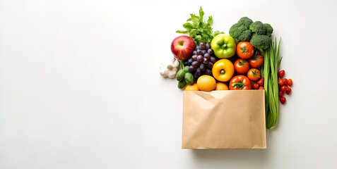 Paper bag with healthy food. Top view, copy space