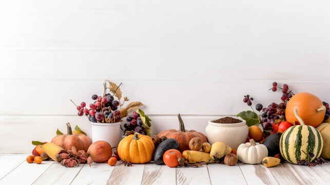 Thanksgiving background decoration,  dry leaves, berries and pumpkins on white background. Thanksgiving concept.