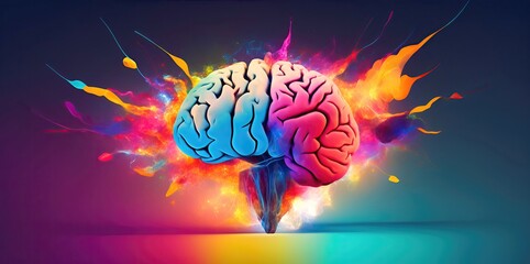 A brain that is exploding with ideas and colors on dark background.