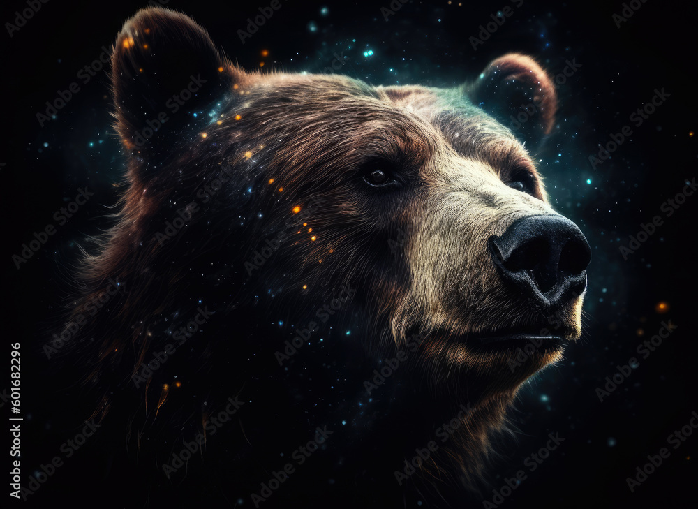 Poster bear in cosmic space. generative ai.