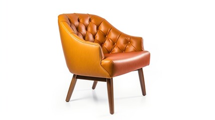 A brown leather chair with a wooden base on white background, generative ai