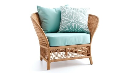 A rattan chair with blue pillows on white background, generative ai