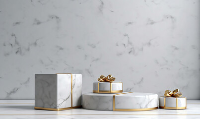 A marble display with a gold ribbon on top of it.