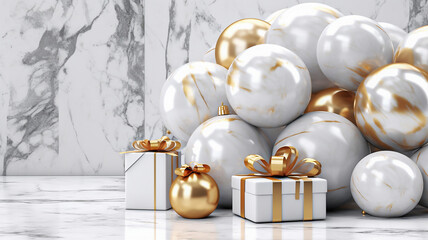 A white gift box with gold balloons and a marble luxury background