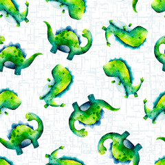 Vivid Green Cute Dinosaurs Watercolor Seamless Pattern