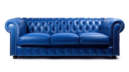 A royal blue leather Chesterfield couch on white background