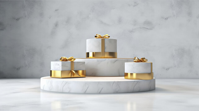 A podium display with a gold gift box on top.