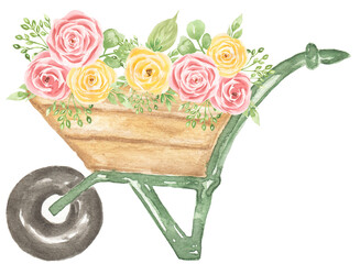 Watercolor hand drawn garden cart with flowers illustration, garden equipment clipart © MayaNavits
