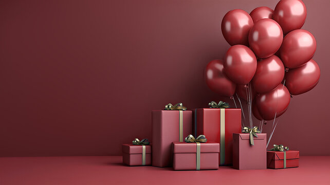 Red Balloons And Gift Boxes On A Red Background