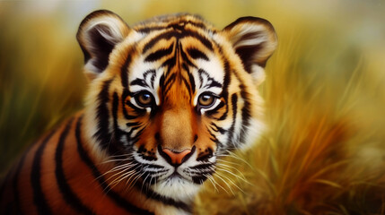 Fototapeta na wymiar illustration of young tiger, abstract color background, generative ai.