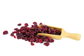 Some dried cranberry in wooden scoop isolated on white background