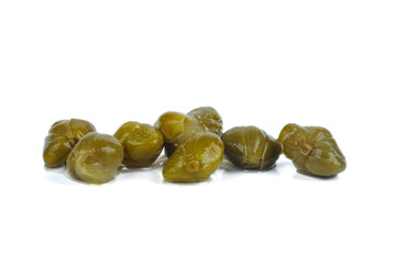 Few green capers isolated on a white background