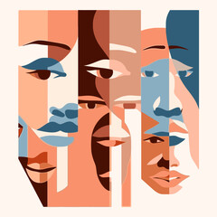 abstract people face art with different skin colors, multiracial, no racism, diversity