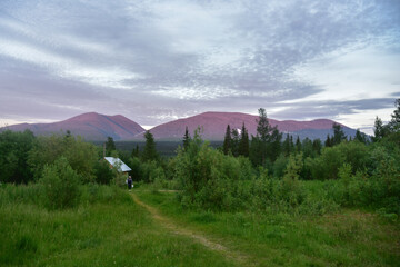 Fototapeta premium Landscape on a green forest with mountain peaks against the sunset sky. Life in the mountains, a house among the trees.