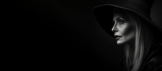 Black and white photorealistic studio portrait of a witch on black background. Generative AI illustration