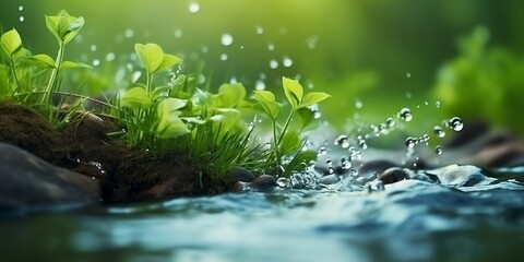 Beautiful spring detailed close up stream of fresh water with young green plants. Horizontal banner, springtime concept. Abstract outdoor wild nature background. AI generative.