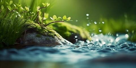 Beautiful spring detailed close up stream of fresh water with young green plants. Horizontal banner, springtime concept. Abstract outdoor wild nature background. Generative AI technology