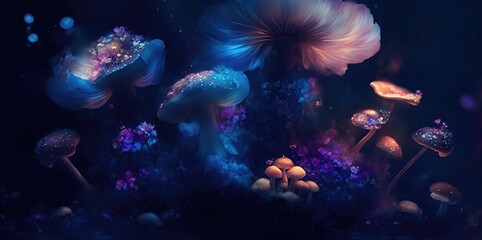 Fototapeta na wymiar Glowing mystical mushrooms on a dark background.