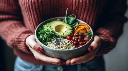 A bowl of healthy food: porridge, chia seeds, avocado, vegetables and greens in the hands of a woman. Close-up. Woman in sweater and jeans holding a bowl of healthy food, AI generated - obrazy, fototapety, plakaty