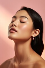 Young woman showing off healthy skin after skincare routine. Generative AI.