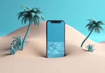 phone up sea mock concept summer sand creative holiday cyber palm. Generative AI.