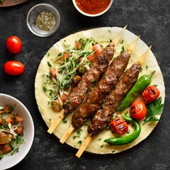 Kebabs with fresh vegetables on flatbread