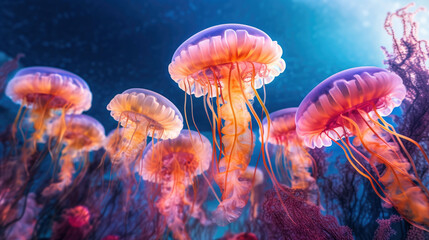 Fototapeta na wymiar Neon glow Jellyfish in the wild. Generative AI