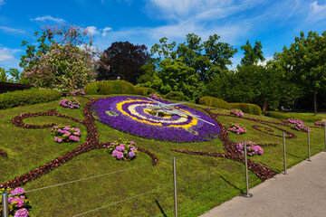 Beautiful and colorful flower clock in its summer bloom in geneva switzerland