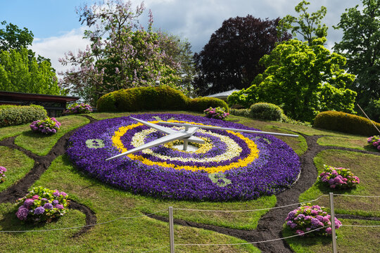 Beautiful and colorful flower clock in its summer bloom in geneva switzerland