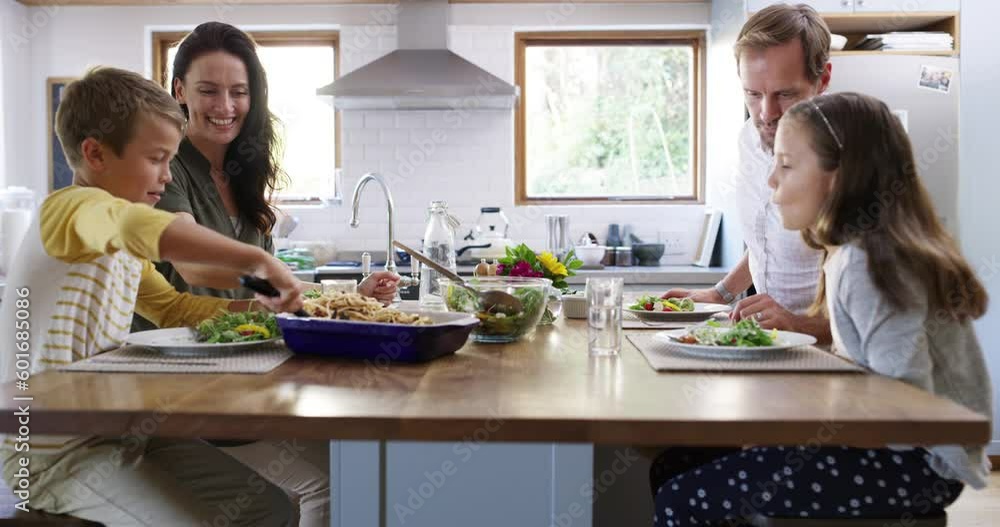 Sticker Family eating lunch, food and nutrition, relax in kitchen with happy people spending quality time together. Parents, children and bonding over healthy meal with happiness, love and care at home