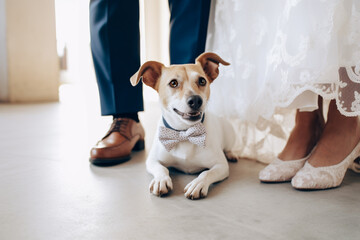 Small terrier dog with bow tie sitting between bride and groom at wedding. 