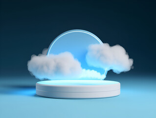 Abstract minimal concept. Illuminated soft clouds background with pastel blue neon glowing frame ring glow light podium stage platform display. Mock up template for product presentation. 3D rendering