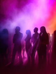Obraz na płótnie Canvas Silhouettes of people dancing under colorful lights in a nightclub. The image captures the joy of live music, the energy of the crowd, and the vibrant atmosphere of nightlife. Generative AI.