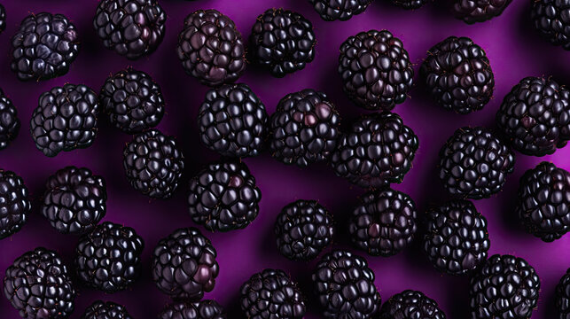 Amoras silvestres deliciosas e maduras em uma superf&iacute;cie roxa