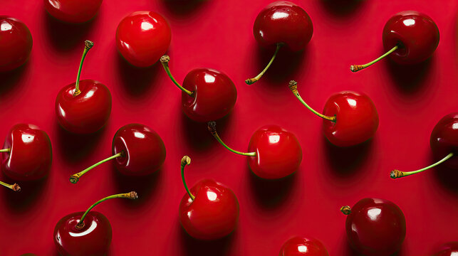Lindas cerejas sobre fundo vermelho