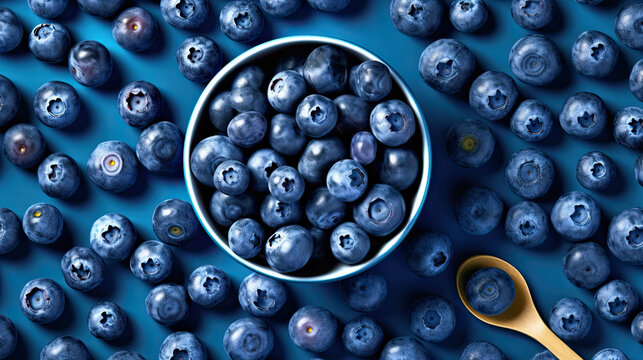 Belos mirtilos maduros sobre fundo azul