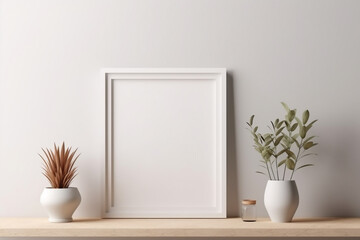 Generative Ai. a white frame on a shelf with plants and vases