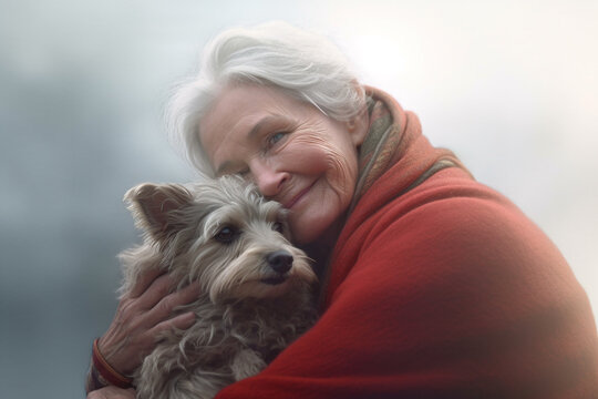 Generative Ai. an older woman holding a dog in her arms . 
