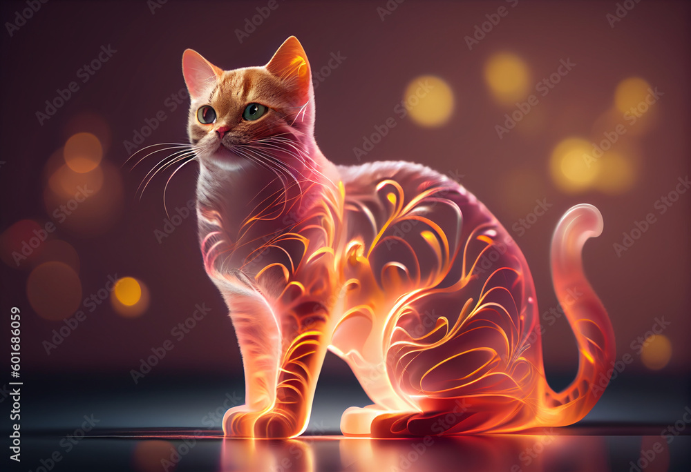 Poster domestic shorthair cat from smooth elegant transparent fabric on bright bokeh background 3d pink and