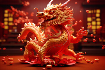 Fototapeta premium red dragon statue sitting on top of a table . Generative Ai