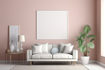 modern living room with sofa and empty frame for poster mockup hanging on the wall. Generative Ai. 