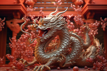 Obraz premium golden dragon statue in front of a red building. Generative Ai