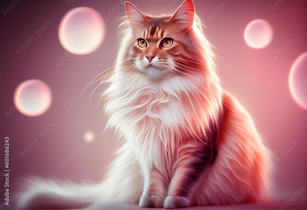 Poster Persian cat from smooth elegant transparent fabric on bright bokeh background 3d pink and peach colors. 
Generative AI technology.