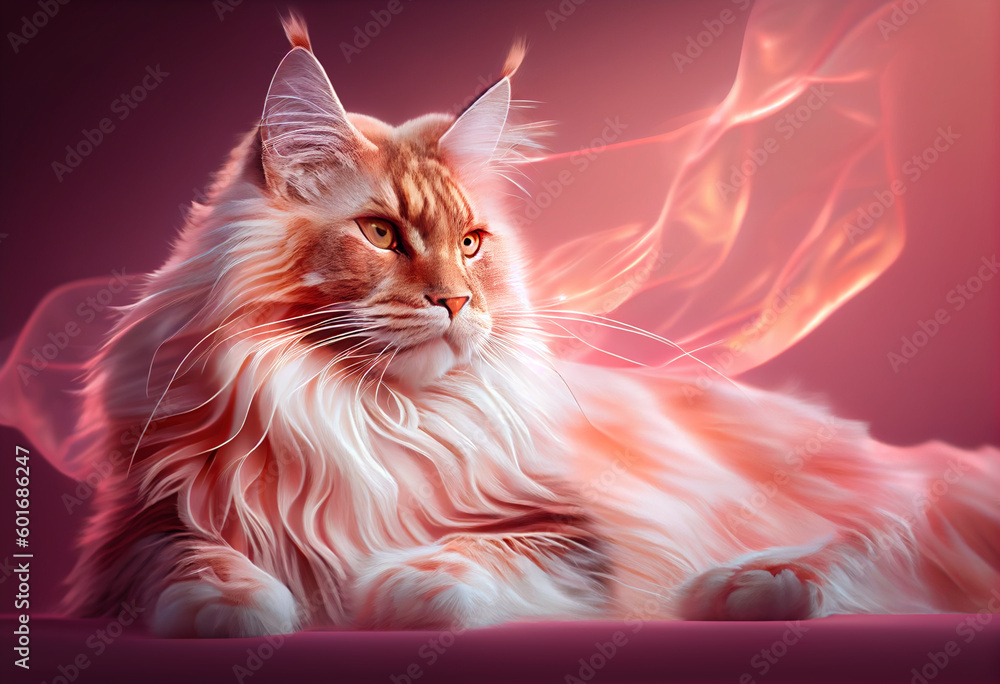 Poster persian cat from smooth elegant transparent fabric on bright bokeh background 3d pink and peach colo