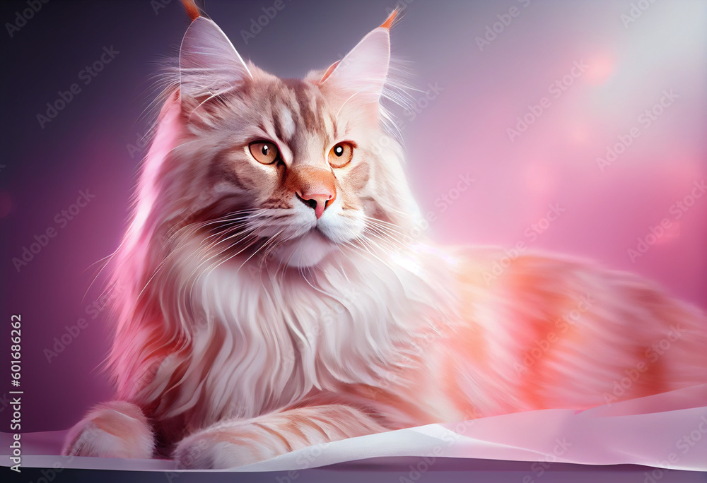 Poster Persian cat from smooth elegant transparent fabric on bright bokeh background 3d pink and peach colors. 
Generative AI technology.