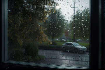 view of a rain covered window with cars driving by. Generative Ai